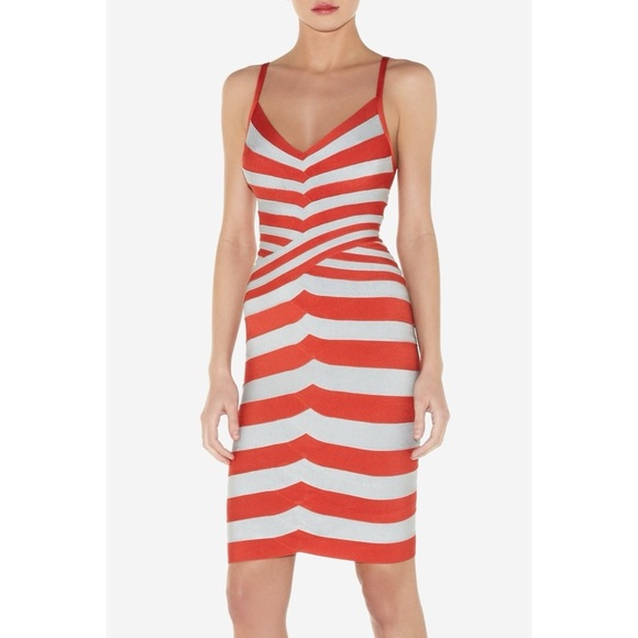 Herve Leger Dresses & Skirts - Herve Leger Andreea Striped Bandage Dress Size S  Orange & Grey  V-Neck Bodycon